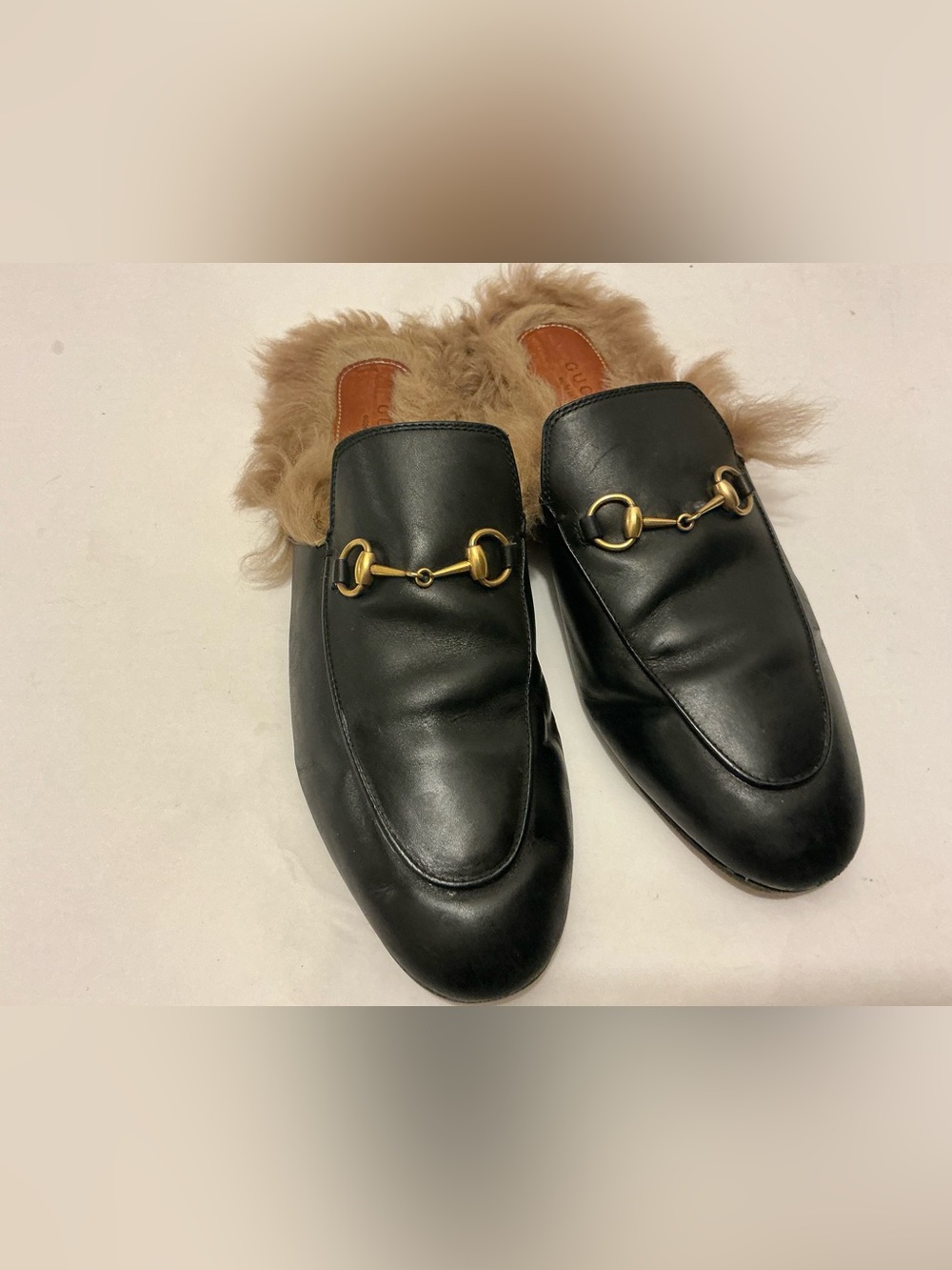 Gucci princetown Black Leather Fur-Lined Mule with Gold Horsebit